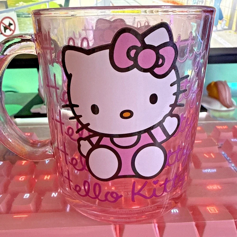 Sanrio Hello Kitty Mug Clear Pink Glass Large Coffee Cup 17.5oz 2024 Classic Bow